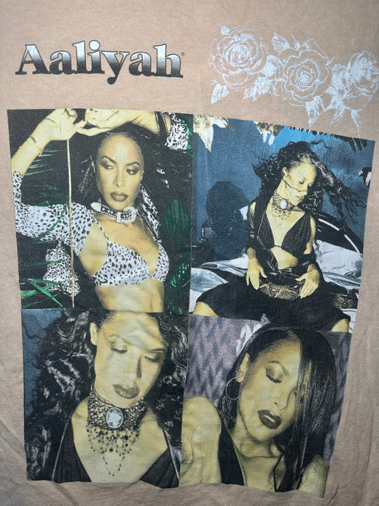 Aaliyah Vintage-Style Photo Collage Tee – 90s R&B | Small Tan Music Shirt
