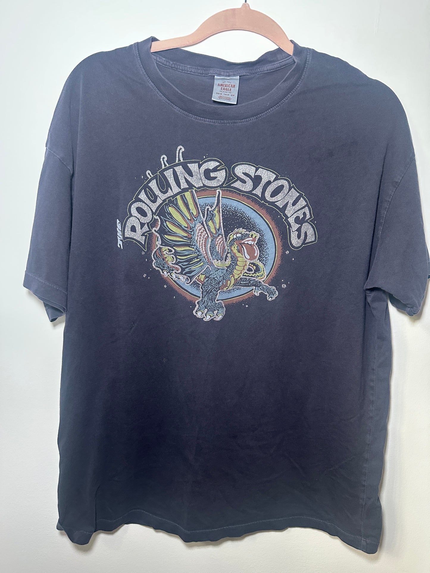 Rolling Stones Oversized Band Tee – XS/S | Navy Short-Sleeve Graphic Shirt with Glitter Logo