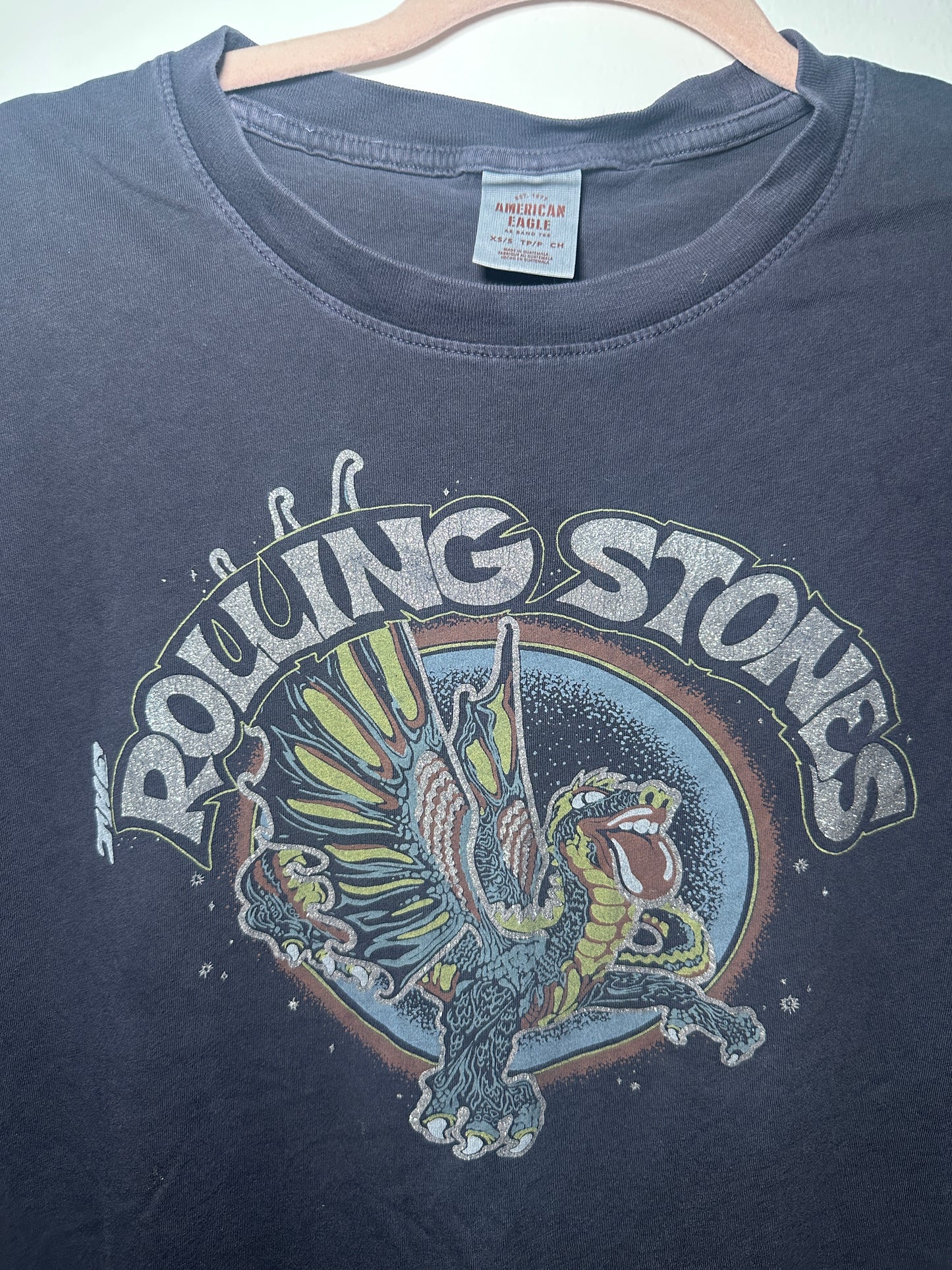 Rolling Stones Oversized Band Tee – XS/S | Navy Short-Sleeve Graphic Shirt with Glitter Logo