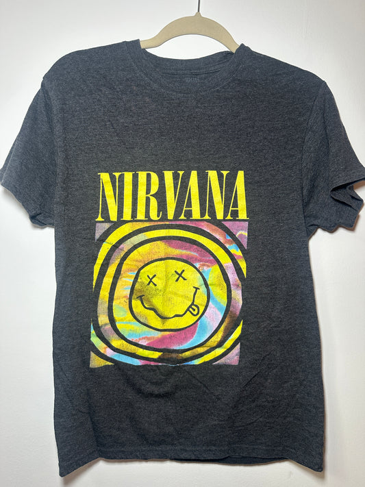 Nirvana Smiley Face Graphic Tee – 90s | Small/Medium Colorful Classic Rock Shirt