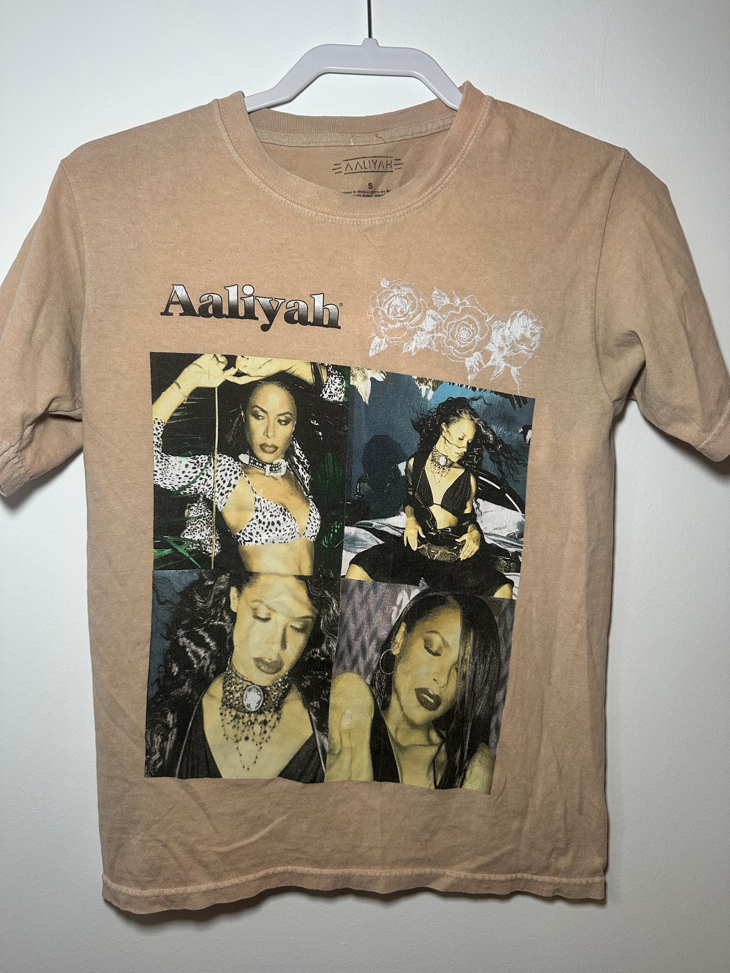Aaliyah Vintage-Style Photo Collage Tee – 90s R&B | Small Tan Music Shirt